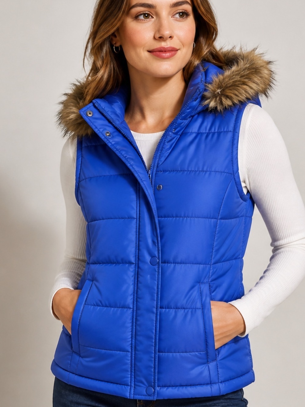 Talbots Blue Puffer Vest Faux Fur Hood Goose Down Small